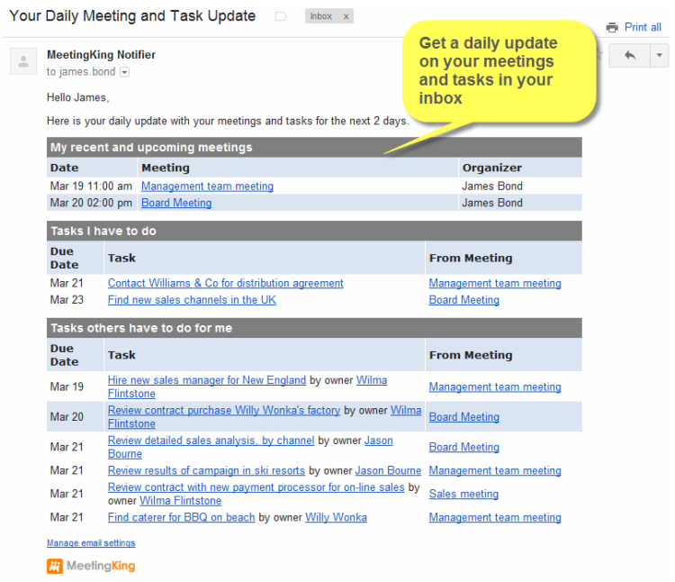 daily email with upcoming meetings and tasks