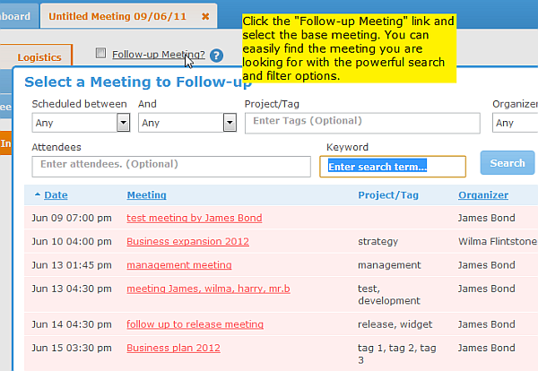create follow-up meeting from logistics tab