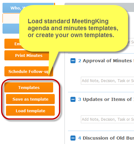 load and save agenda templates and minutes templates