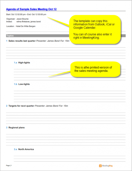 sample sales meeting agenda template created in MeetingKing