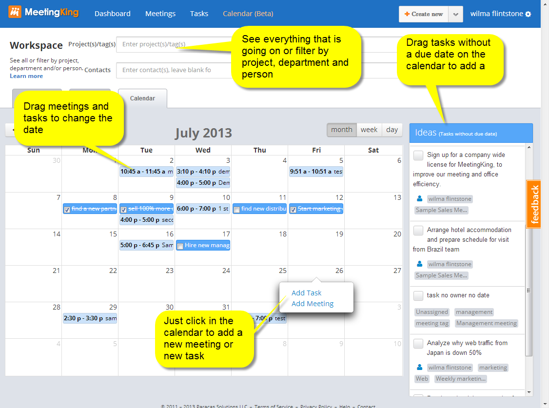 View all meetings and tasks in calendar view