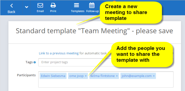 Create new meeting to share meeting template