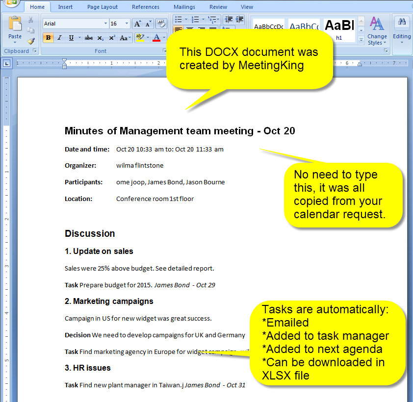 Meeting minutes in MS Word DOCX created by MeetingKing