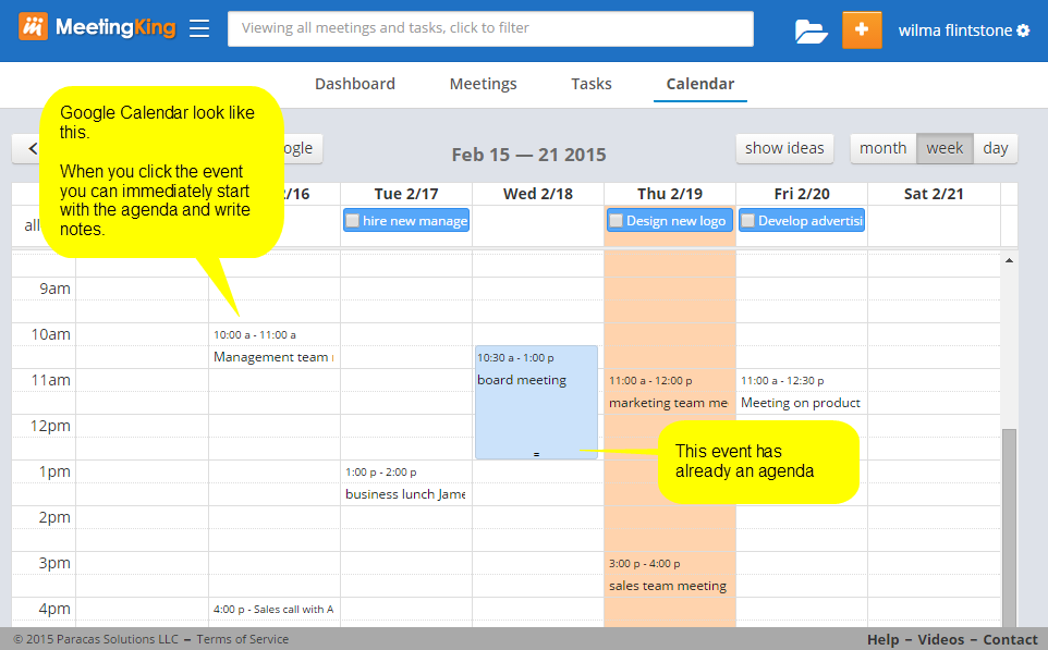 MeetingKing calendar view synced with google calendar