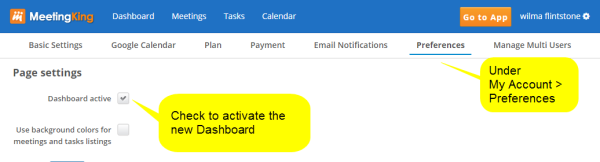 activate dashboard in MeetingKing