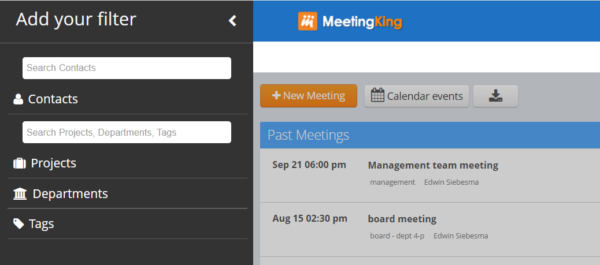 Filter multiple meetings by project, department or tag
